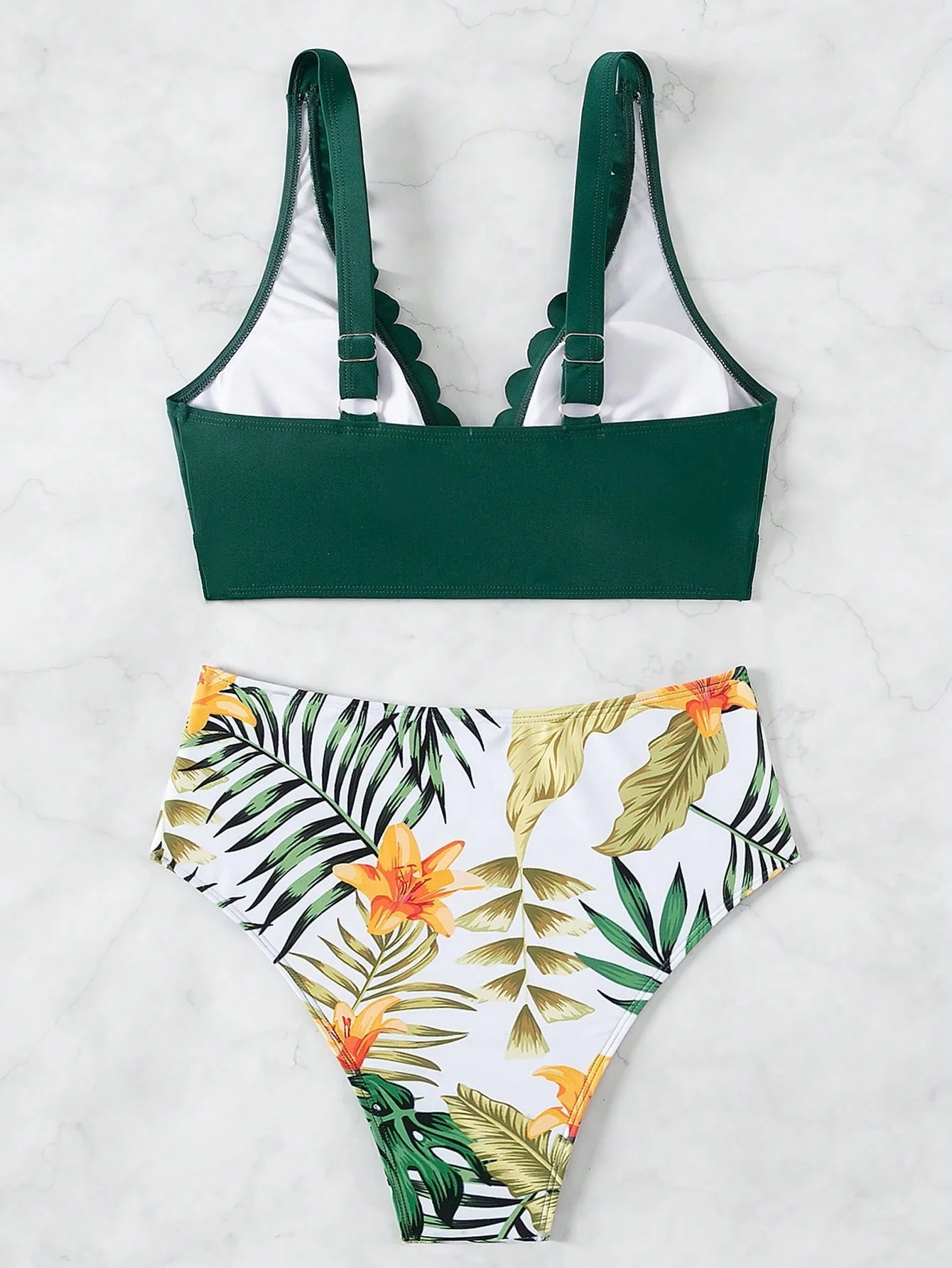 Women's Scalloped Edge Bikini Set, V Neck Crop Top with High Waist Tropical Print Bottom Two Piece Swimsuit for Beach Vaca