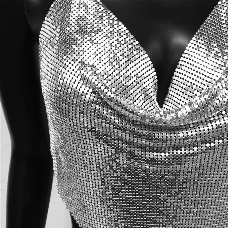 Sexy Metal Sequins 2 Piece Set Women Sleeveless Deep V Neck Backless Halter Tank Tops Split Mini Skirts Beach Party Outfits