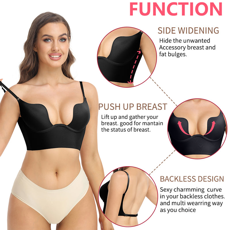 Seam-free Womens Low Cut Plunge Bra Wire Lifting Deep U Shaped Multi-Way Push Up Convertible Plunge Backless Sexy Bra