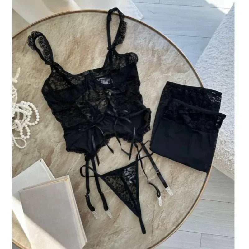 Sexy Lingerie Sets for Women Lace Thong Set Erotic Costumes Sleepwear Bandage Bra Bow Backless One-piece Bodysuit Porn Underwear