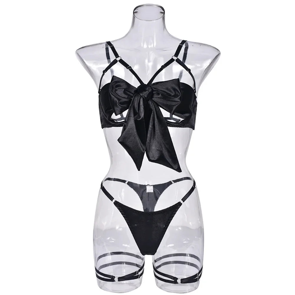 Hot Sexy Lingerie Women's Erotic Lace Satin Sexy Bodysuit Women's Bow Sleepwear Sexy Bra Panties Set Babydoll Exotic Pajamas