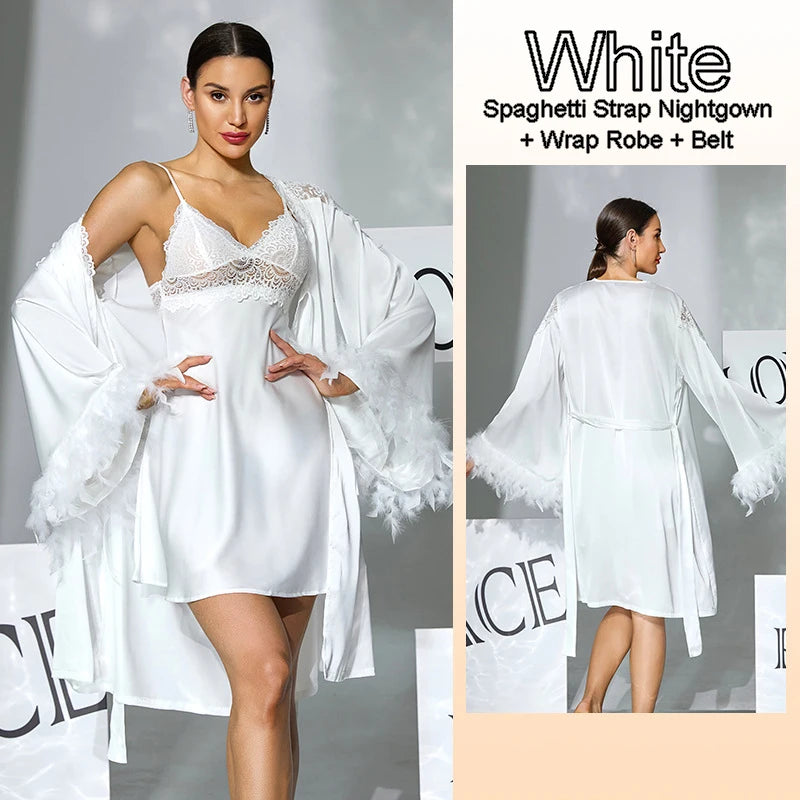Women Satin Pajama Set Sexy Lace Camisole Nightgown Feather Trim Robe Bridal Sleepwear 2 PCS Set Wedding Nightdress Loungewear