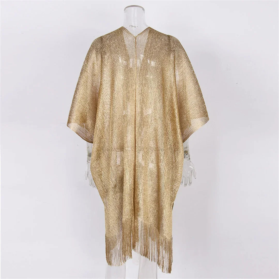 Solid Bikini Cover Up Tassel Beach Dress Tunics Swimsuit Bathing Suit Women Shining Cover Ups for Swimwear Women Pareo Plage