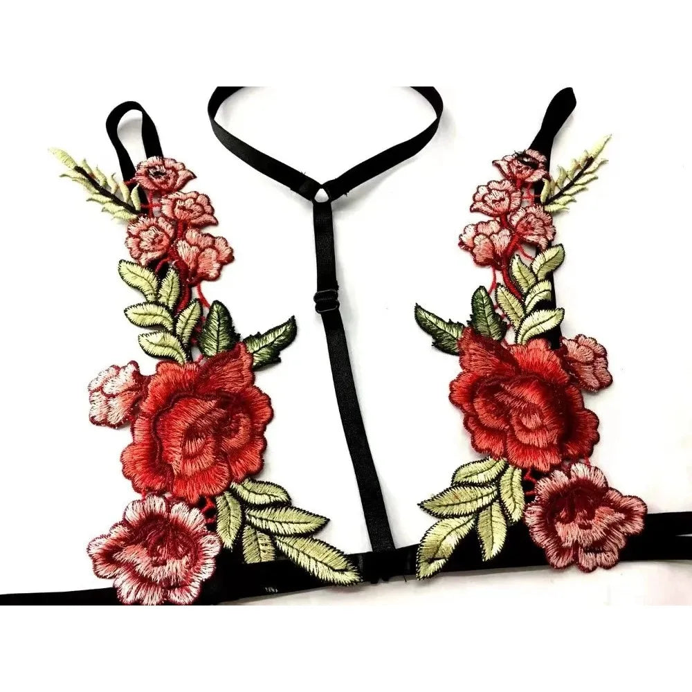 Sexy Embroidered Rose Lingerie Halter Bra Three-point Set Erotic Underwear Party Dresses Lingеrie New in Matching Sets Long Full