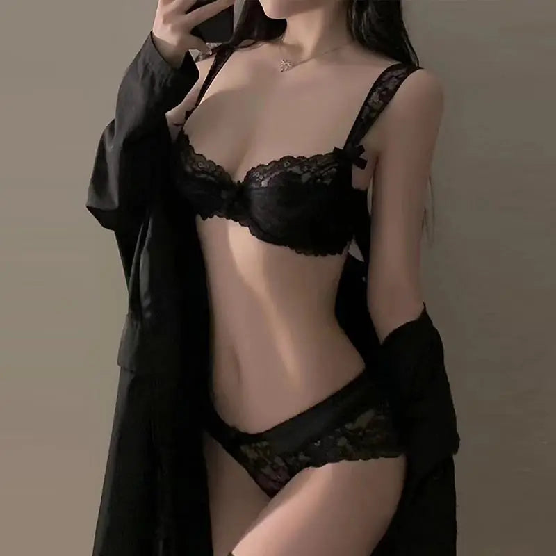 Sexy Ultra-thin Lace Bras Women's Push Up Bra Hollow Out Transparent Gathered Underwear French Elegant Ladies Bow Underwire