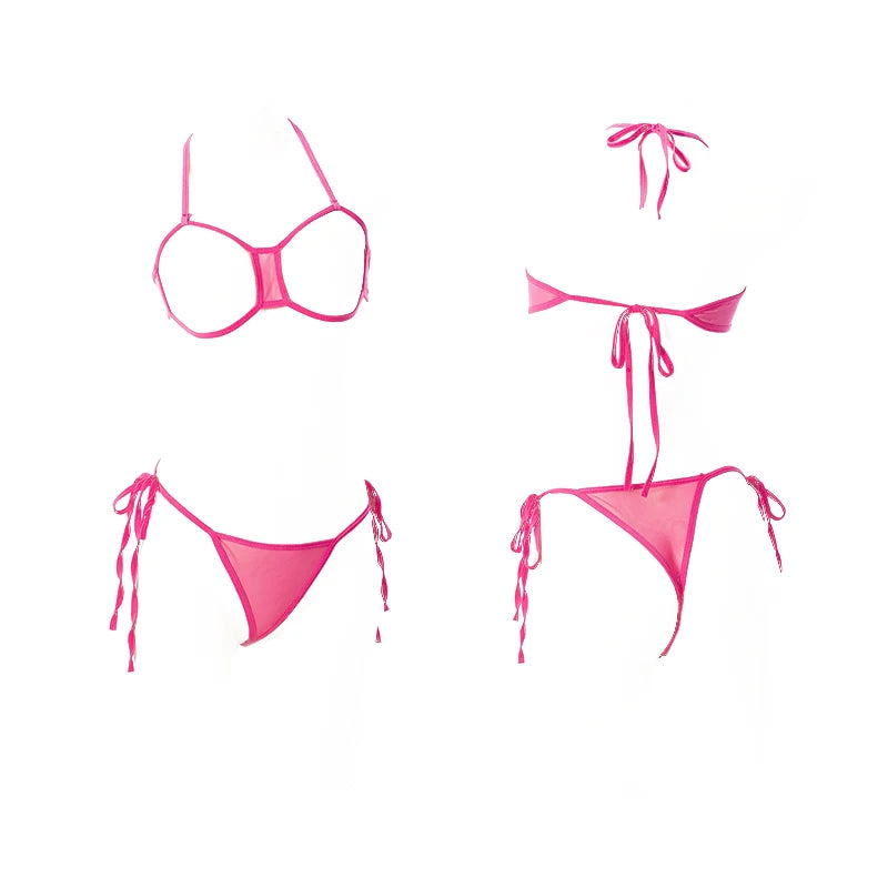 Sexy Lingerie 2 Piece Halter Neck Women's Underwear Set Mini Open Micro Bra Top Briefs Panties