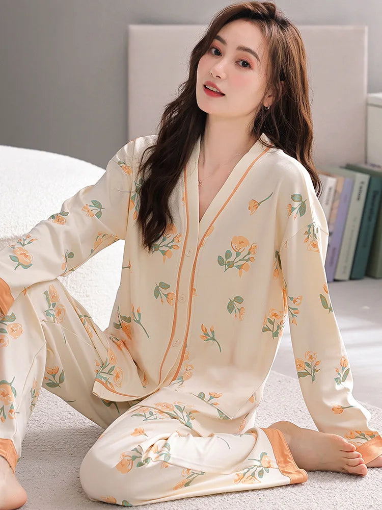 Girls' Four-Season Pajama Set Women's Long-Sleeve Homewear New Casual Outfit for Going Out and Walking Women's Homewear Set