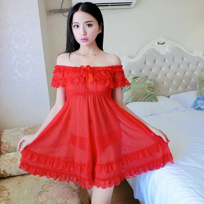 Sexy Lace Lingerie Set for Women Red Sleepwear Nightdress with Matching Panties Sheer Lace Camisole, Romantic Night