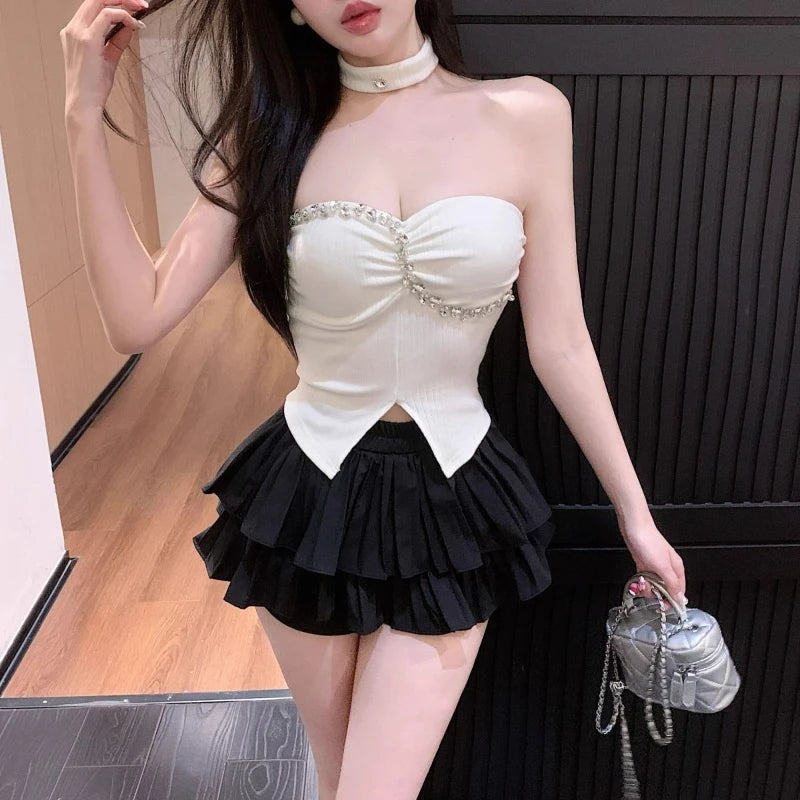 Sexy 2 Pieces Skirt Sets For Women Top And Bottom Clothing New Summer Clothes 2025 Luxury Designer Pleated Skirt Woman Outfit