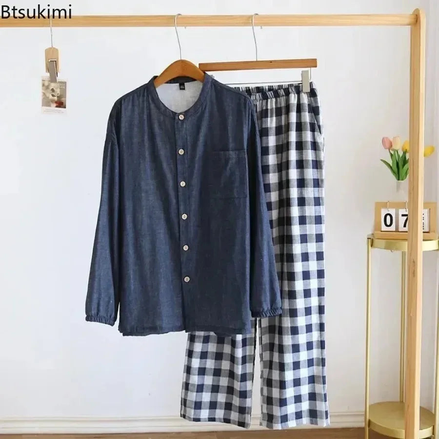 2026 Japanese Style Men's Cotton Pajama Sets Plaid Long Sleeve Trousers Sleepwear Sets Men Double-layer Cotton Homewear Lounge