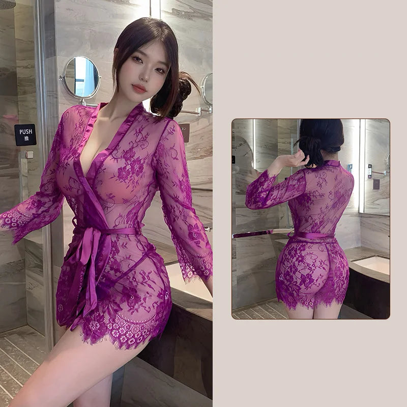 Sexy lingerie lace sexy women purple perspective seductive long skirt Women's corset Schoolgirl costume Sexual fantasy Sex shop
