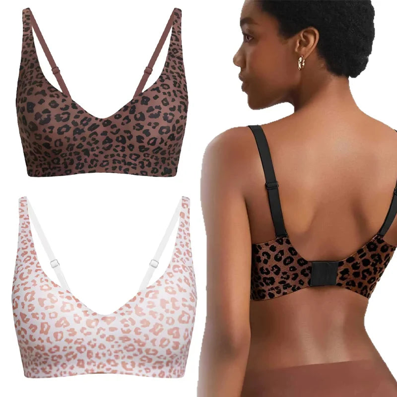 Wireless Seamless Leopard Bra Women's Full Coverage Thin Cup with Soft Support Breathable Fabric Comfortable Plus Size Fit