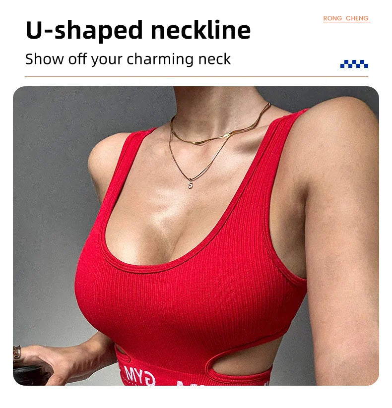 Sexy Red Ribbed Sports Bra for Women Breathable High Elasticity Seamless Deep U Neck Cut Out Yoga Bra Support Fitness Crop Top