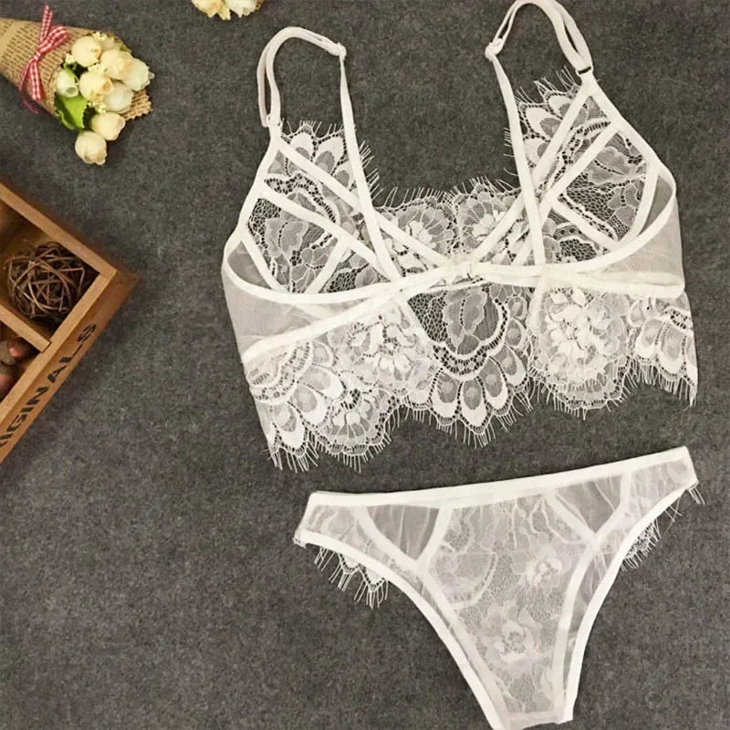 Lingerie Set Plus Size Hot Underwear Women Set Bra&Panty Thong Set Transparent Lingere Lace Black Open Intimates