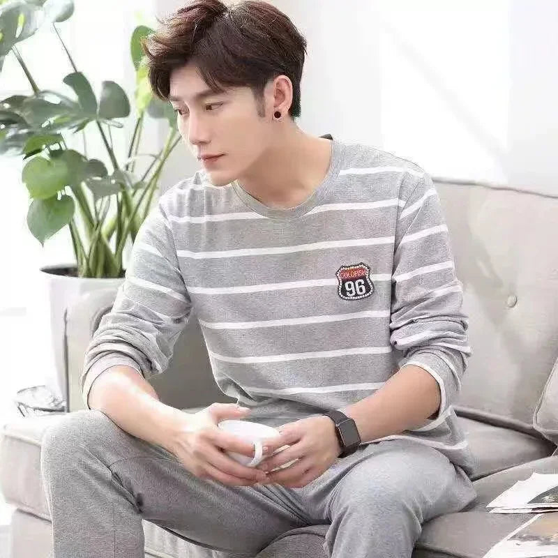 Men‘s Pajama Set Long Sleeve Black Striped Fall and Winter Youth Student Nightwear Loungewear Two Piece Set Sleepwear Homewear