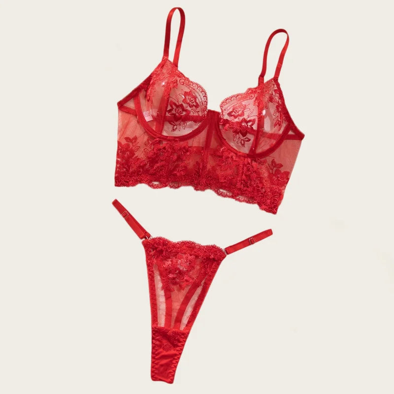 Sexy Lingerie for Women Floral Embroidered Fishbone Bra Set French Ultra Thin Corset Top Intimate 2 pcs Sheer Mesh Lingerie Set