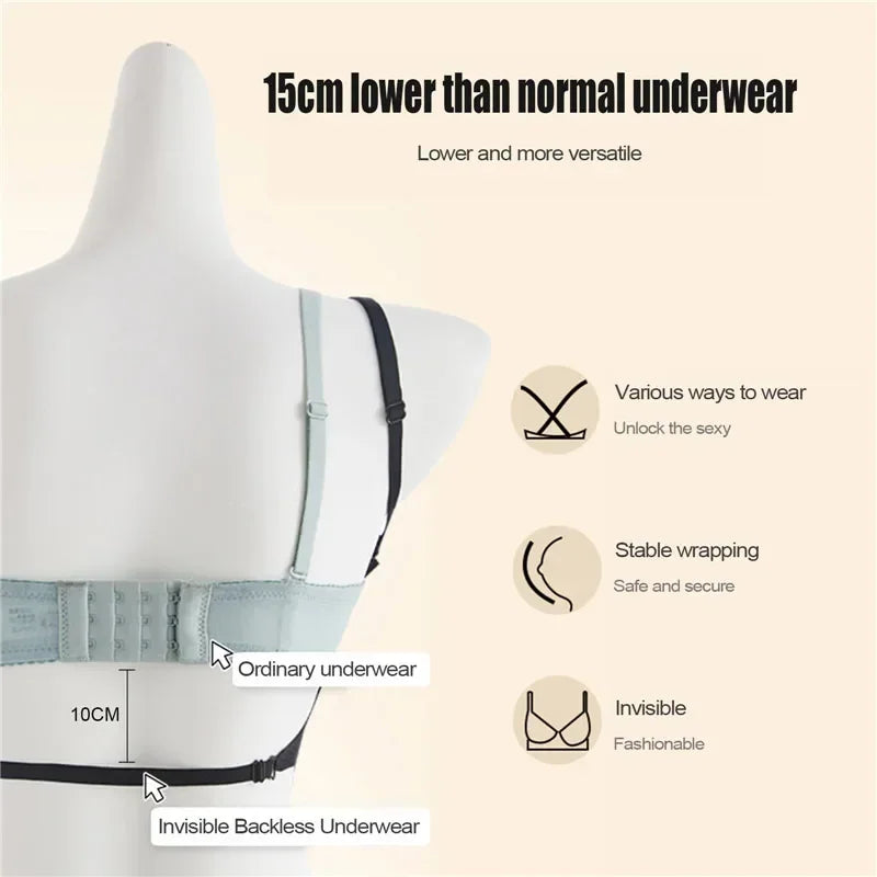 Women Invisible Bra Deep U Plunge Bras Backless Top for Dresses Sexy Lingerie with Transparent Strap Push Up Strapless Underwear