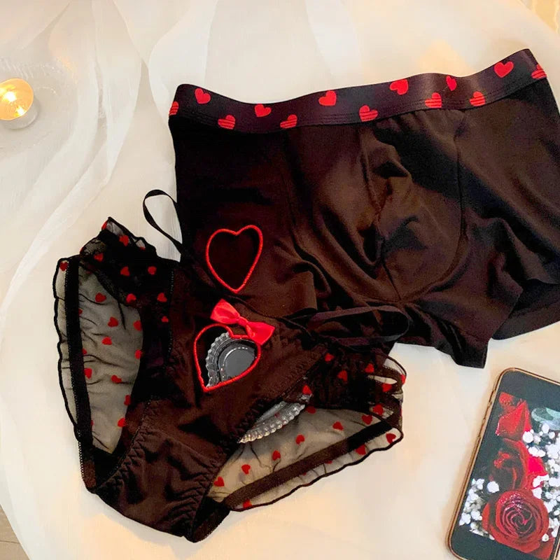 Lovers Fun Lingerie Sexy Couple Underwear Set Heart Lace Panties for Lover Modal Underpants Couple Men Shorts Women Briefs New