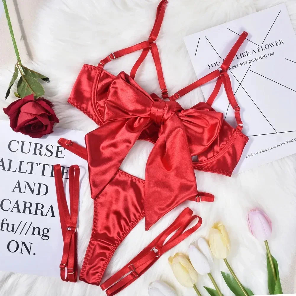 Hot Sexy Lingerie Women's Erotic Lace Satin Sexy Bodysuit Women's Bow Sleepwear Sexy Bra Panties Set Babydoll Exotic Pajamas