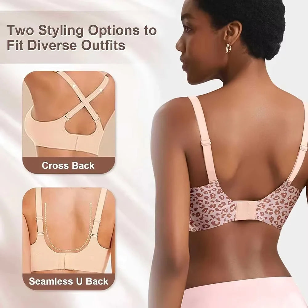 Pink Leopard Deep V Push Up Jelly BrasWireless Supportive Bra No Underwire Comfortable Bras Plunge Seamless Bralette