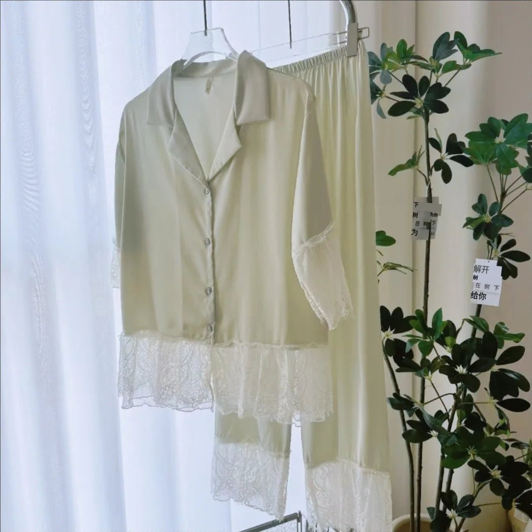 Female Pajamas 2PCS Set Lounge Wear Big Lace Trim Short Sleeve Shirt Trouser Pijamas Suit Sleepwear Pyjama Loose Homewear