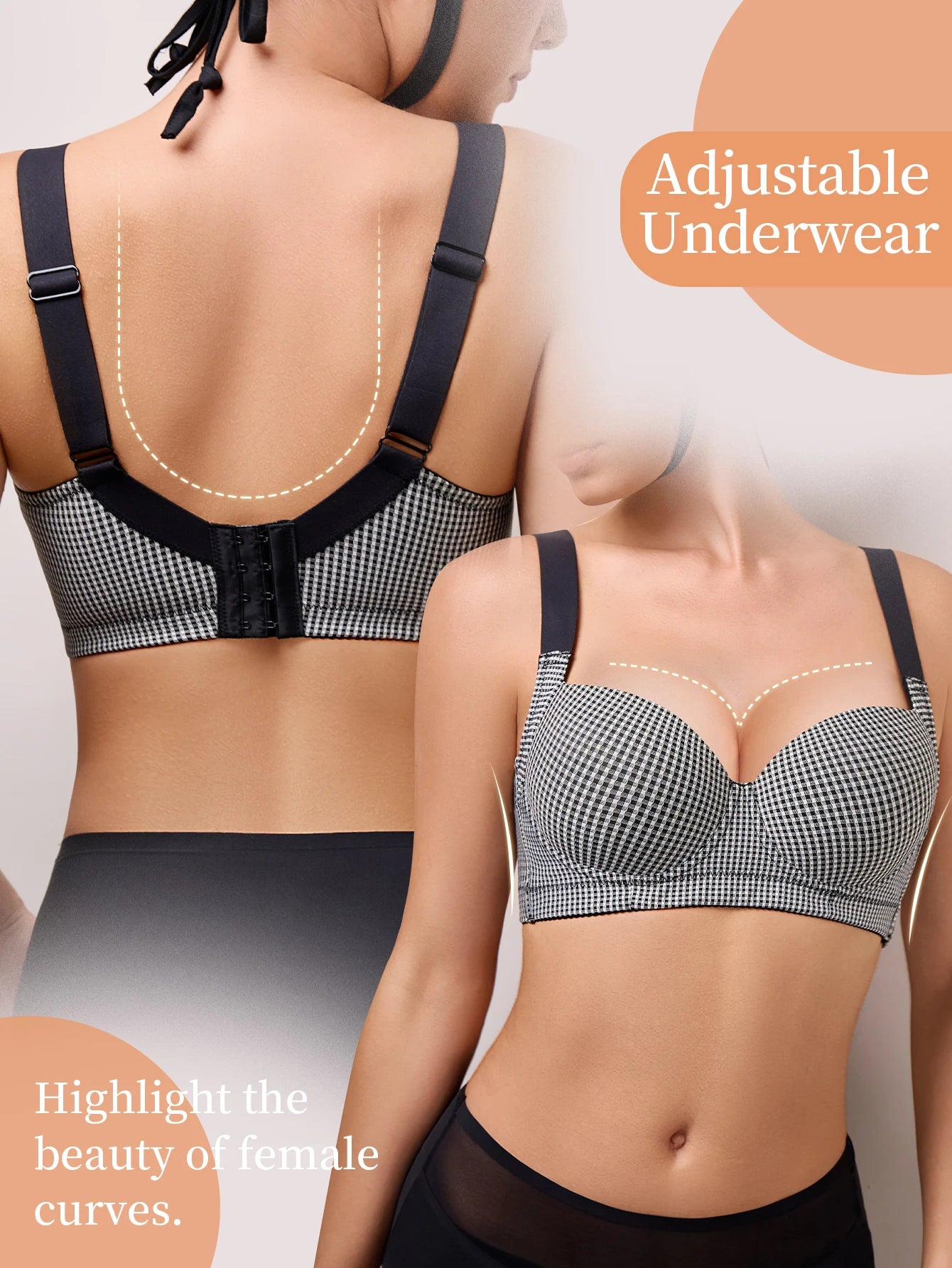 Grid-patterned Bra with uplifting support to prevent sagging, adjustable for a custom fit, comfortable against the skin,