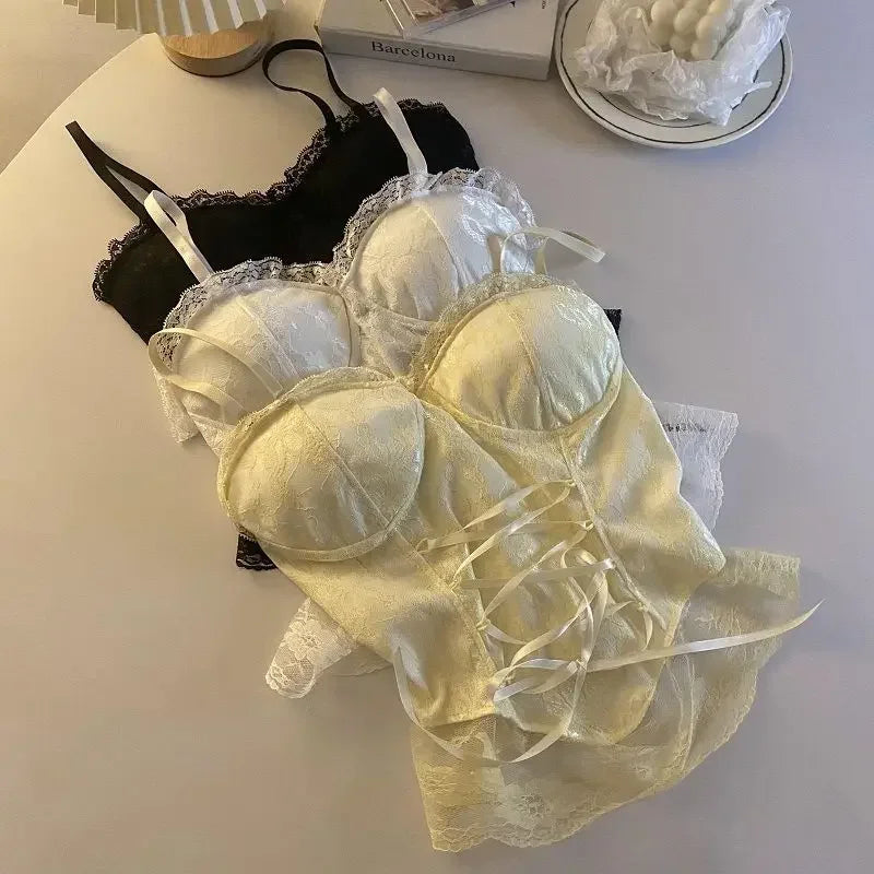 Sexy Lace Corset Crop Top Women Sleeveless Bandage Camisole Fashion Sling Tank Top Streetwear Blouse