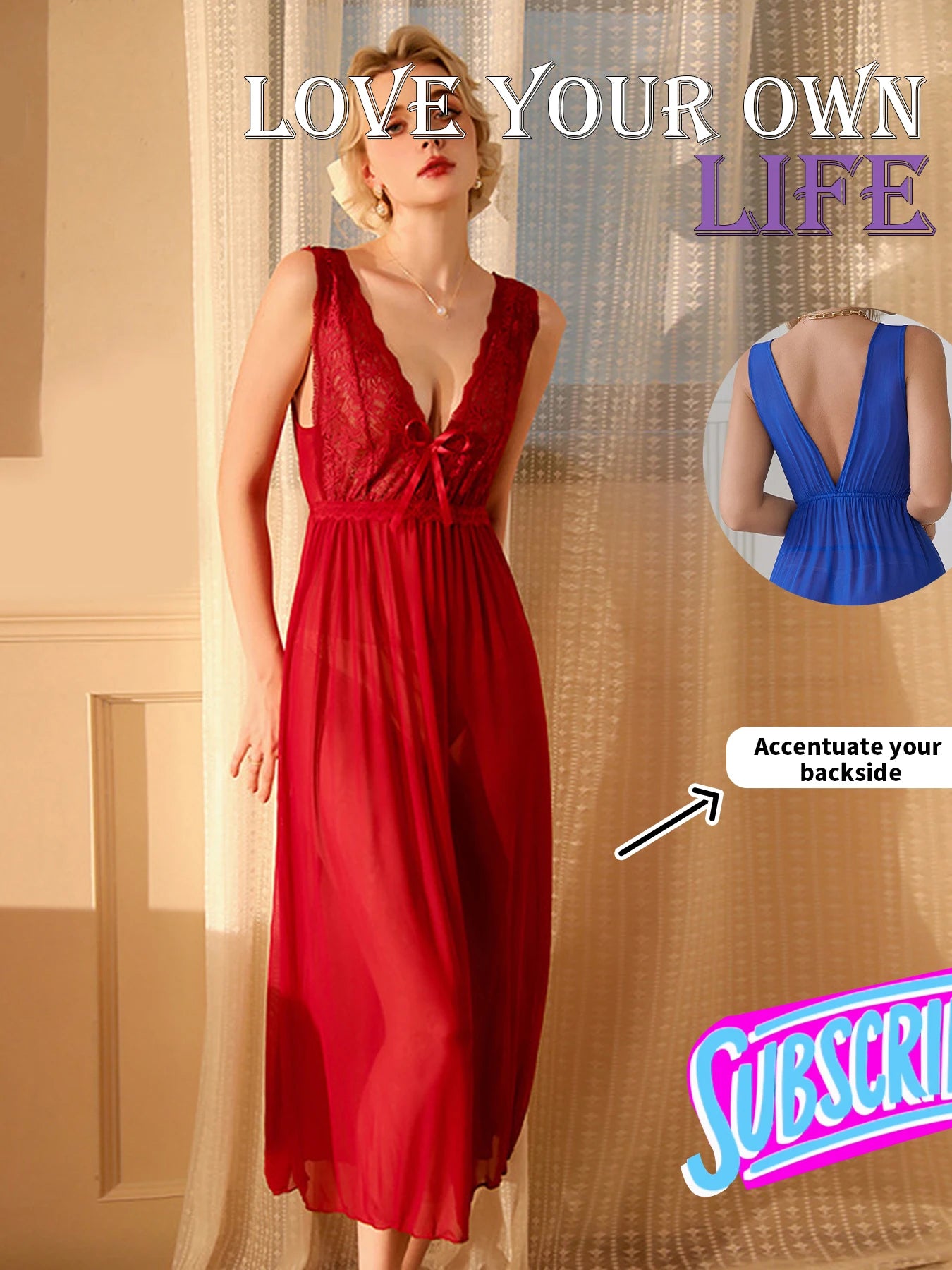 Sexy Women Lingerie Dress Set Lace Splicing Mesh Long Deep V Backless Nightgown Set Homewear All Season