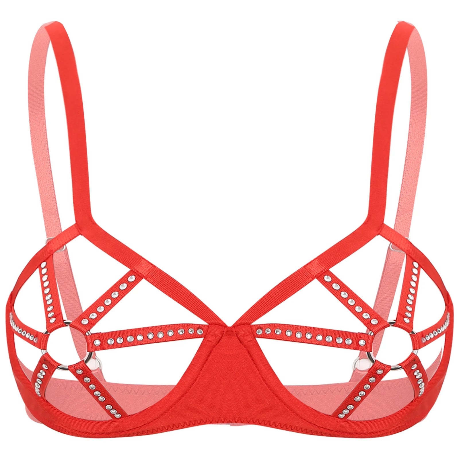 Womens Sexy Lingerie See Through Underwired Bra Balconette Adjustable Straps Shiny Rhinestones O-ring Cutout Cup Push Up Bra Top