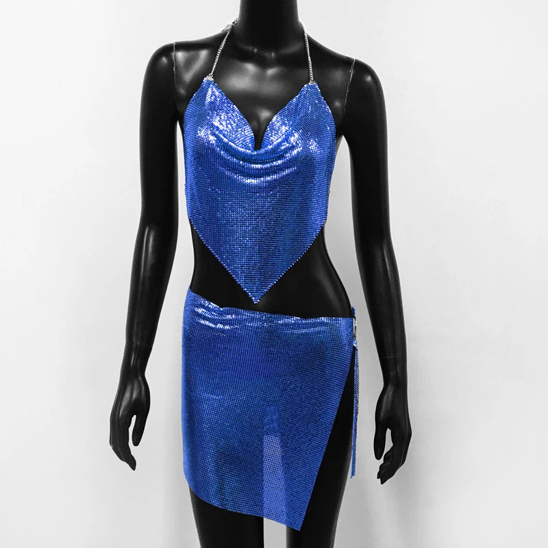 Sexy Metal Sequins 2 Piece Set Women Sleeveless Deep V Neck Backless Halter Tank Tops Split Mini Skirts Beach Party Outfits