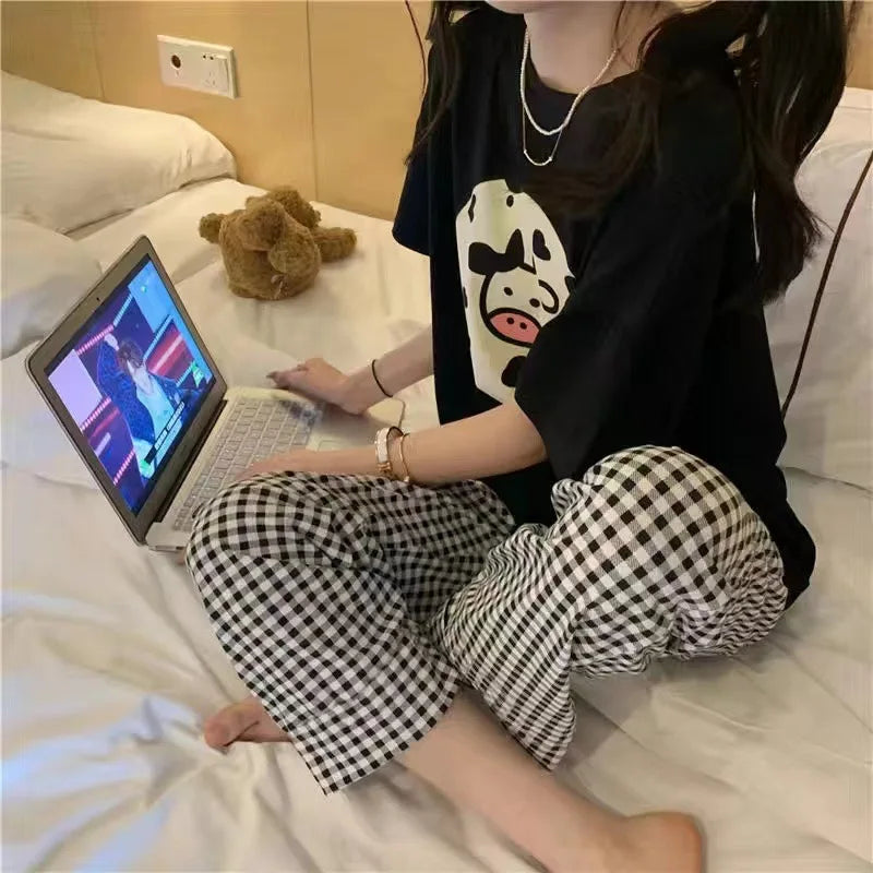 Women Pajamas Two-pcs Set Homewear Sleepwear Pajama Set Summer Ladies Comfortable Clothing Girls Cartoon Half-sleeved Long Pants