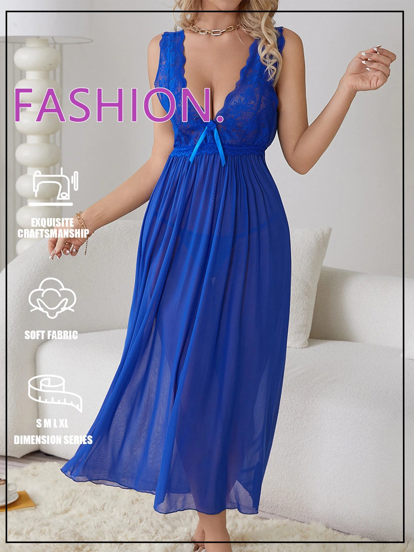 Sexy Women Lingerie Dress Set Lace Splicing Mesh Long Deep V Backless Nightgown Set Homewear All Season