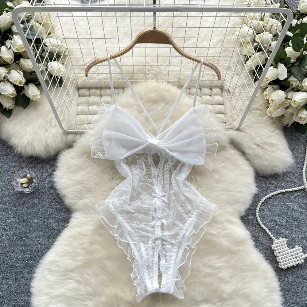 Backless Hotsweet Bow Lingerie For Women See Through Mesh Sexy Bunny Costume Lingerie Bodysuit 4 Piece Jumpsuit Spot Lace Cospla