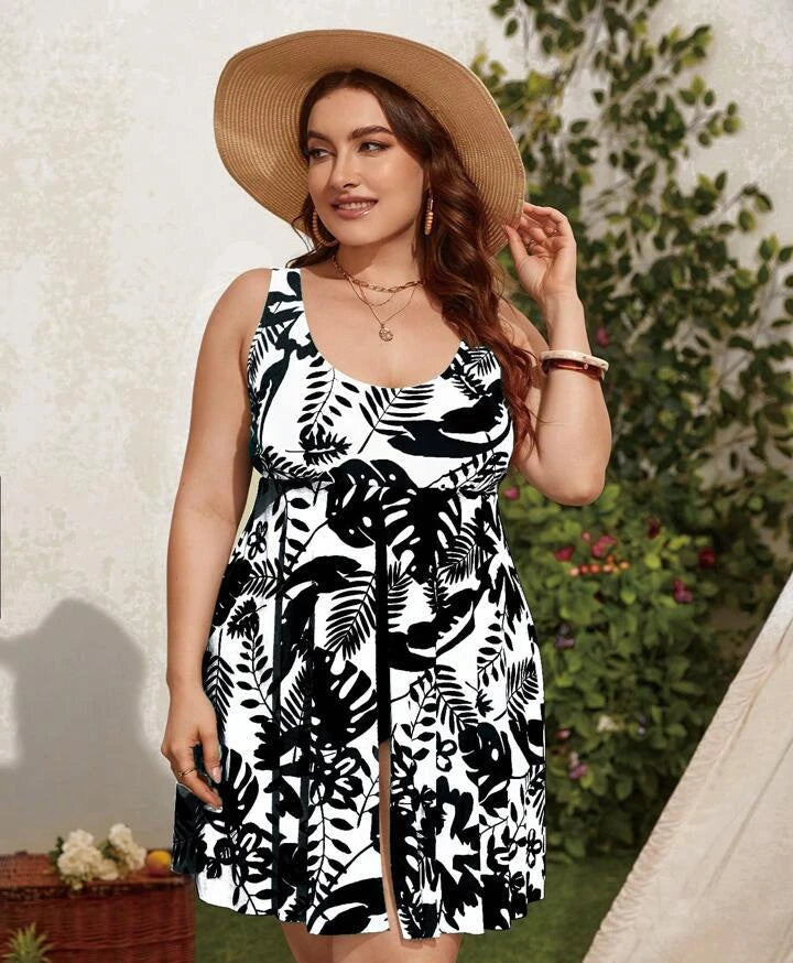 Plant Print Split Hem Monokini Flattering Plus Size One-piece Swimsuits for Women U-neck Summer Skirt Style Split Bathing Suit