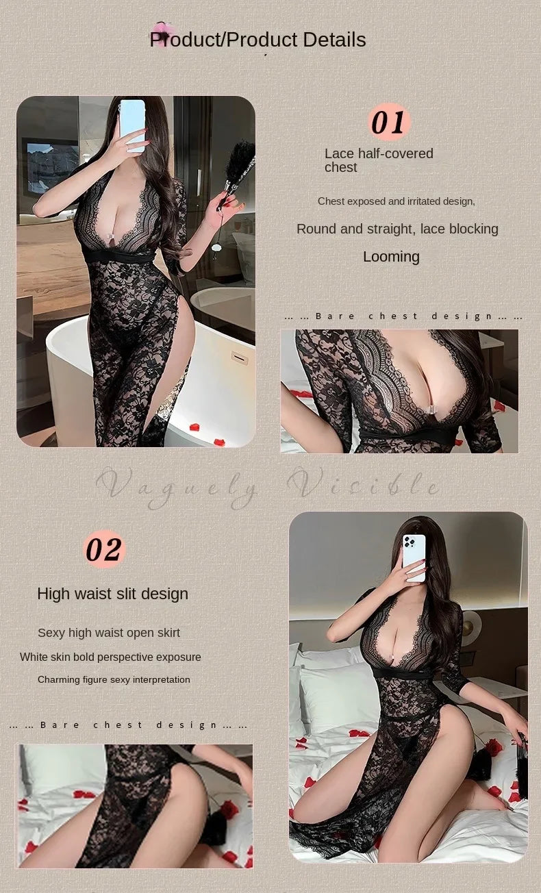 Hot Sexy Lingerie Women Pajama Sex Babydoll Lace Dress Transparent Sleepwear Hollow Out Robe Lingerie Sex Clothes Plus Size