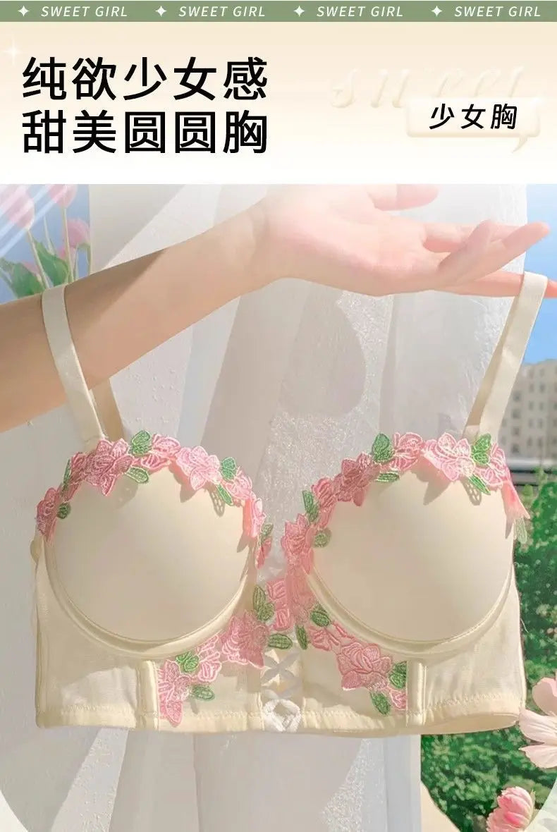 New French Retro Sexy Lace Sweet Floral Embroidery Bra Push-up Bra