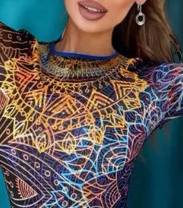 New Women's Fashionable and Sexy Printed Long Sleeved Swimsuit with Cup Cover Sun Protection Mesh Fabric One-piece Swimsuit