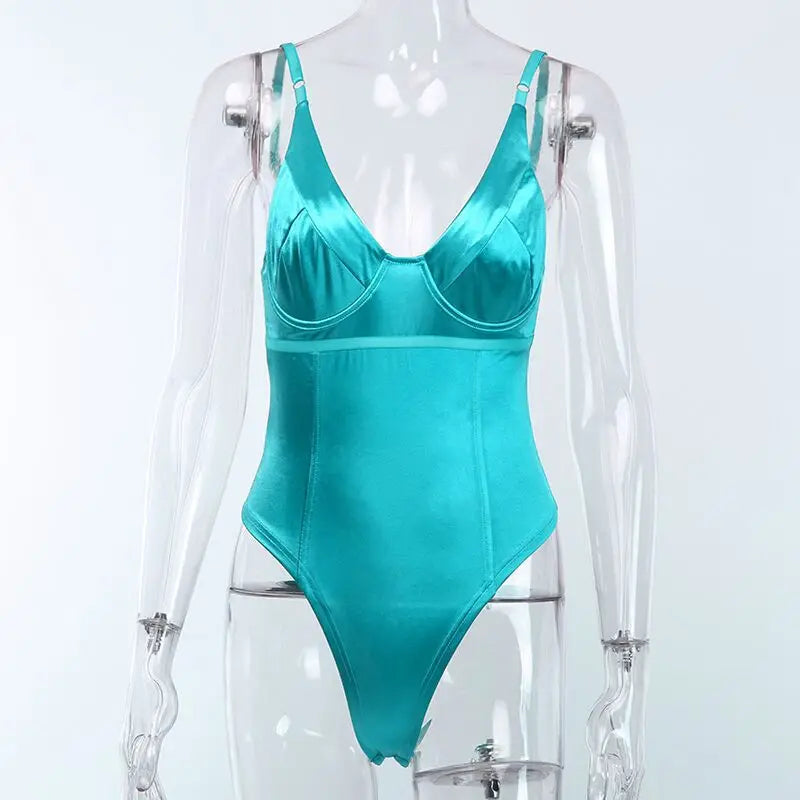 Skinny Sexy Bodysuit Lingerie V-neck Body Feminino Bright Silk One-pieces Tops Women Rave Outfit Sleeveless Lenceria Femenina