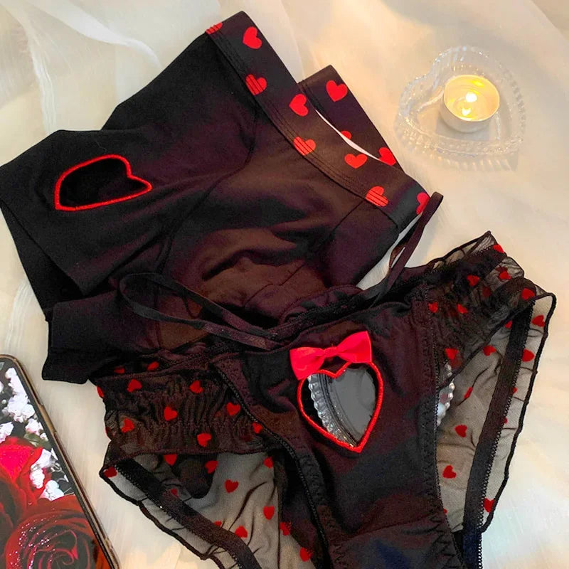 Lovers Fun Lingerie Sexy Couple Underwear Set Heart Lace Panties for Lover Modal Underpants Couple Men Shorts Women Briefs New