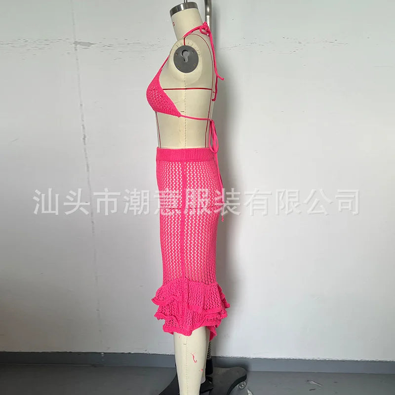 Sexy Women Bikini Two Piece Crochet Set Sleeveless Hollow Out Crop Top and Ruffled Skirt Outfit Summer Beach Knitted Cover Ups