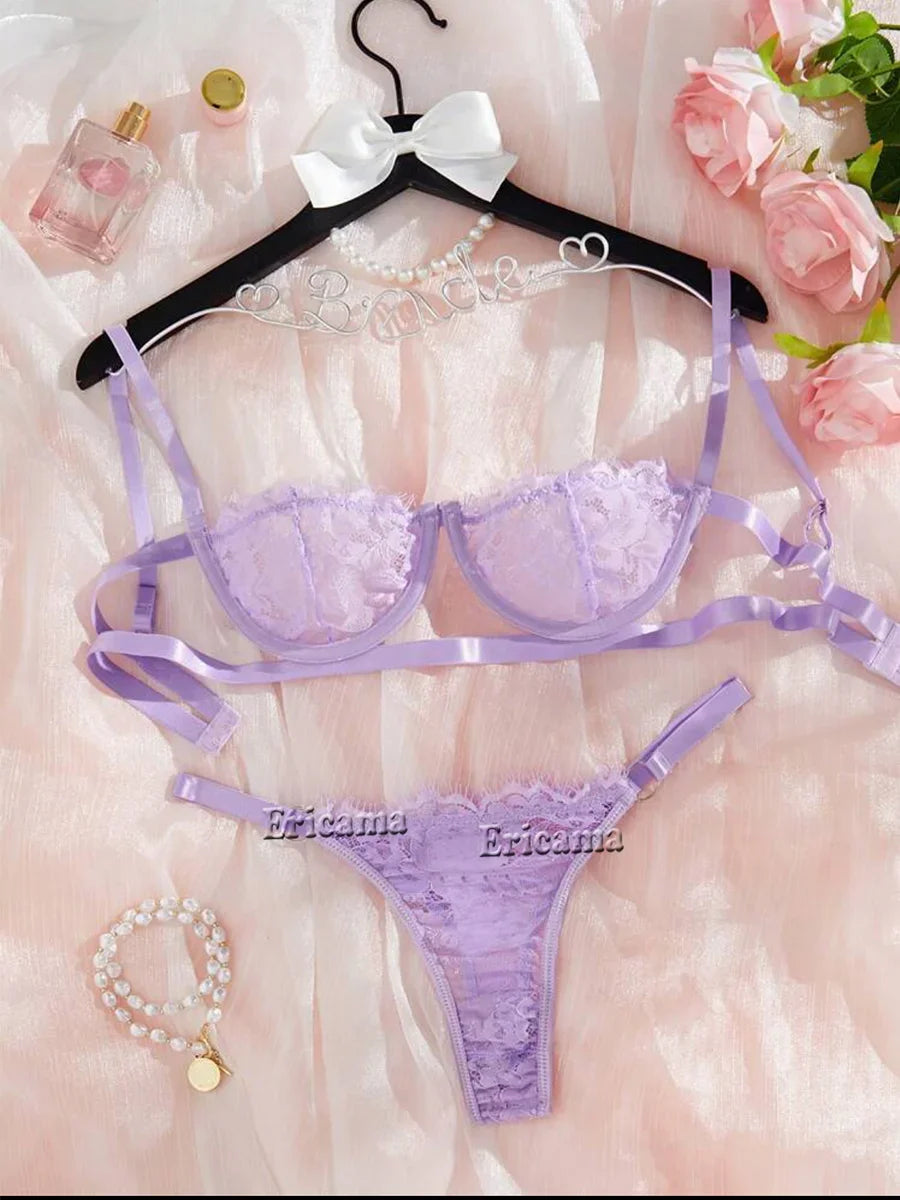 Lenceria Babydoll Sexy Bra And Panty Set Lingerie Intimates Women Lace Transparent Open Bra Hollow Out Underwear Erotic Costumes