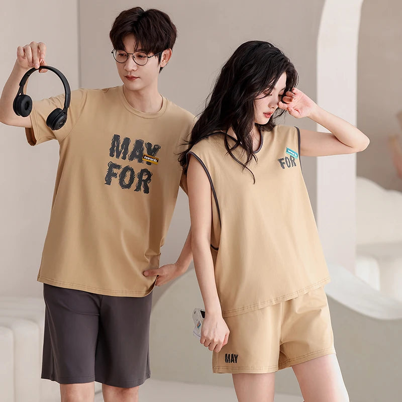 Couple Pajama Set Summer 100% Cotton Pyjamas Men and Women Sleeveless Pijamas