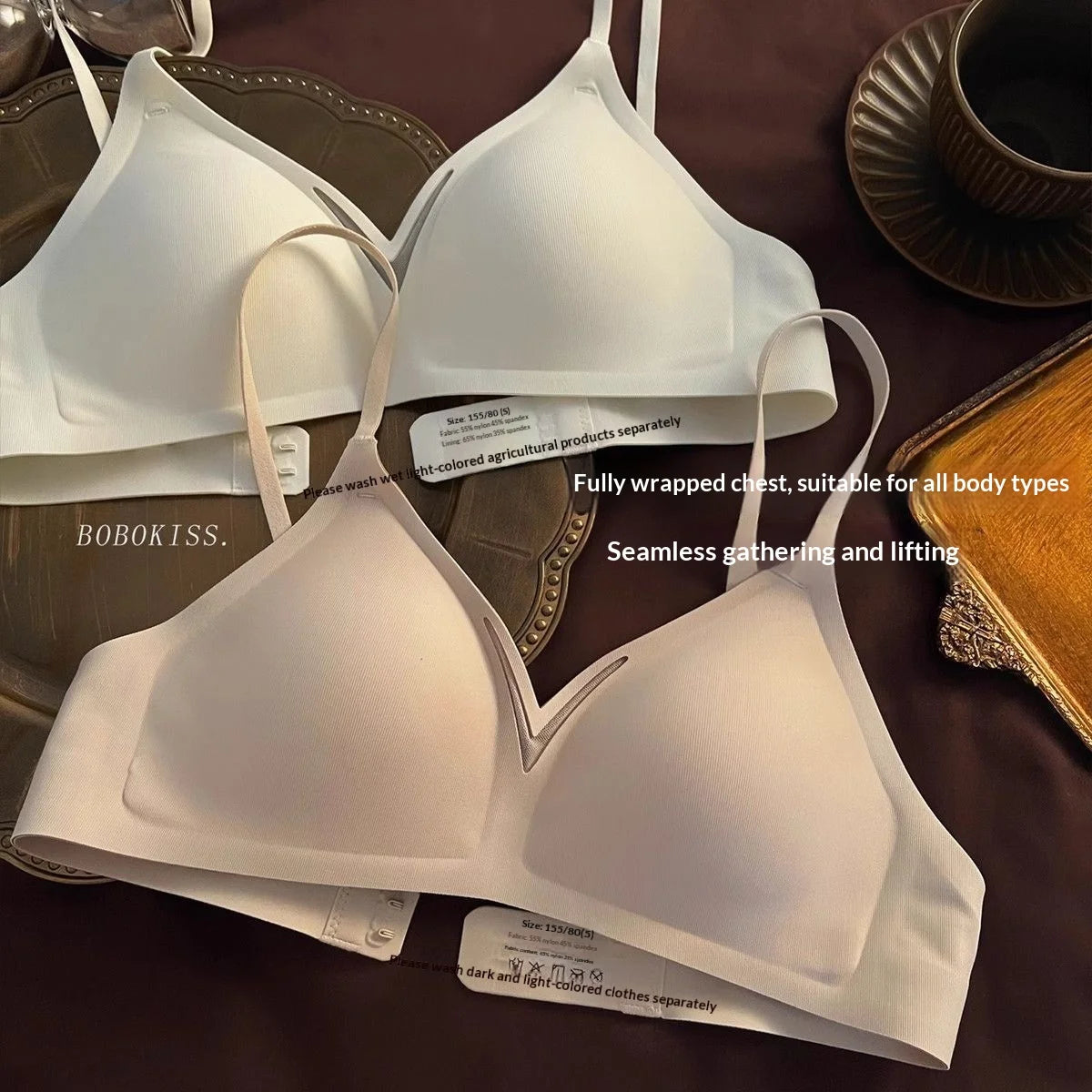 Women Wireless Bra Lightweight Seamless Push-Up Anti-Sagging Adjustable Thin Straps Black&White Soft Comfort Daily Wear Lingerie