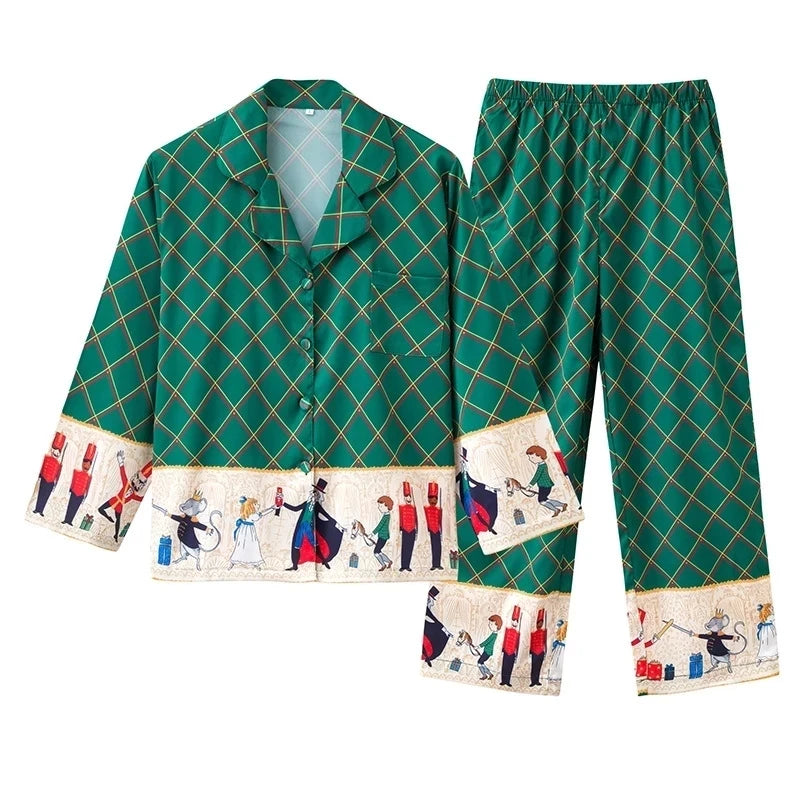 Satin Pajamas Set Spring Summer Home Suit with Pant Women's Print Pijama Suit Silk Pijama Set Sleepwear for Female Pyjamas