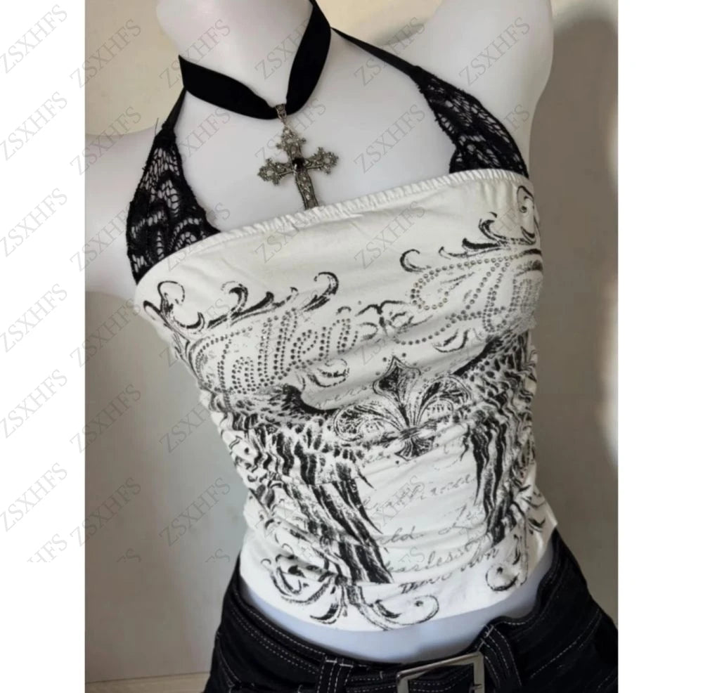Sexy Lace Y2k Halter Tops Women Clothing Gothic Punk Girl Summer Sling Body Tees Grunge Slim Corset Harajuku Kpop Crop Top Emo