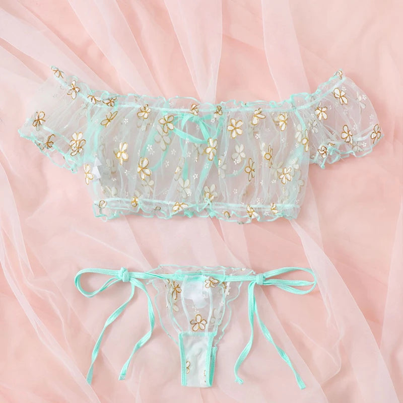 Sexy Summer Women's Underwear Seductive Floral Dreamy Lingerie Off-Shoulder Seduce Bralette Tops Panties Transparent Erotic Set