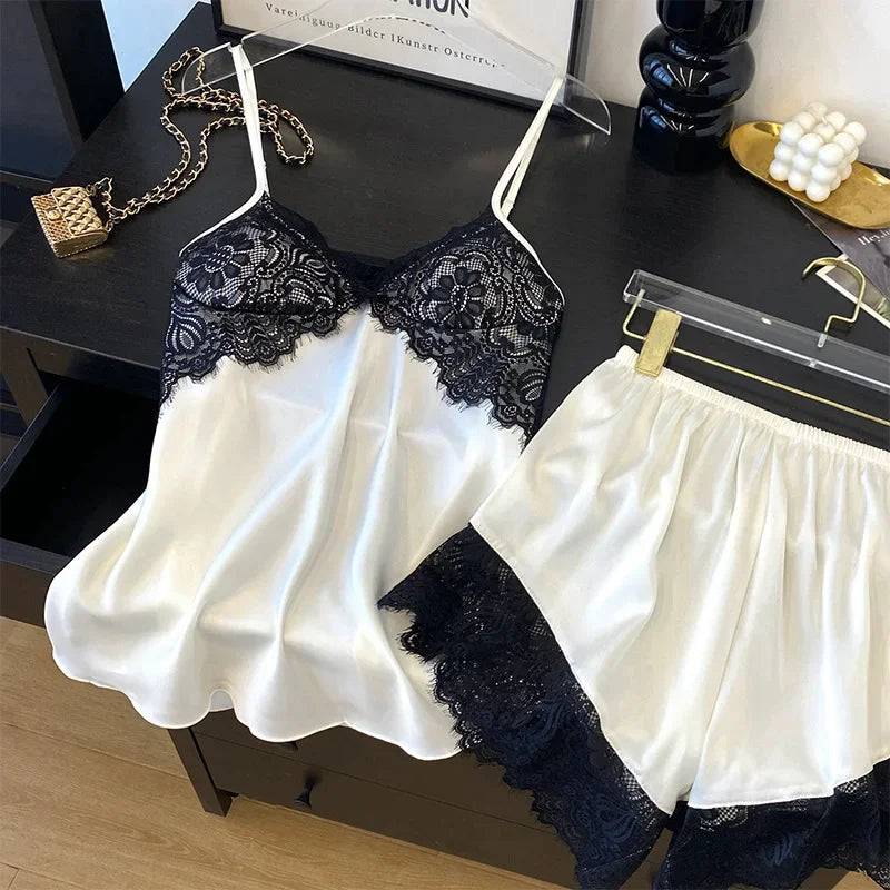 Sexy Intimate Lingerie Pajamas Set Hollow Out Lace Cami Shorts Pijamas Suit Spring Summer New Sleepwear Home Clothes Loungewear