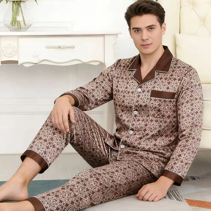 2PCS Men's Geometric Print Pajama Set Loungewear Spring New Thin Polyester Ice Silk Sleepwear Plus Size Homewear Pijamas Suit