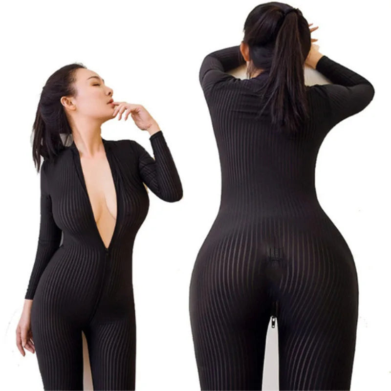 Erotic Women Lingerie Playsuit Sexy Lingerie Open Crotch Zipper Jumpsuit Romper Night Club Bodysuit Sex Products Body Stockings