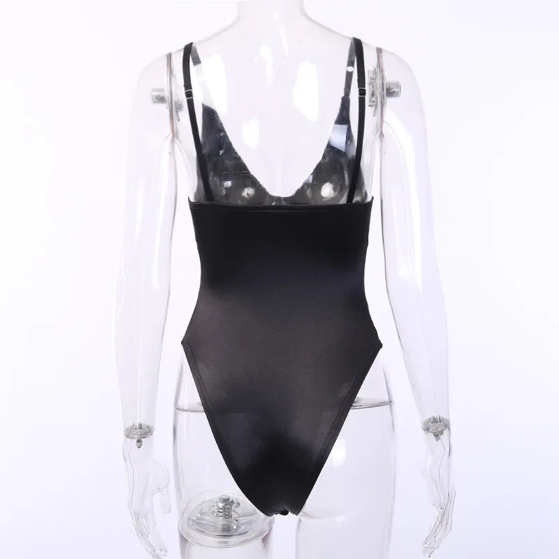 Skinny Sexy Bodysuit Lingerie V-neck Body Feminino Bright Silk One-pieces Tops Women Rave Outfit Sleeveless Lenceria Femenina